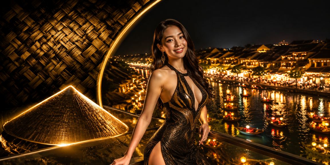 Người chơi tham gia slot game với nón lá truyền thống tại Hội An
